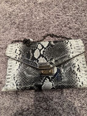 J. Crew Factory Black & White Snake-Print Chain Clutch